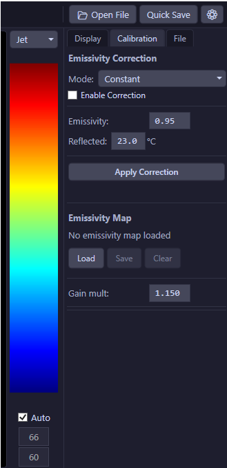 Calibration settings panel showing NUC and lens configuration options