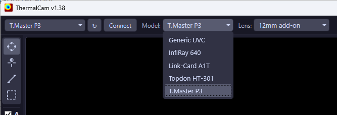 Camera selection interface showing supported thermal camera models